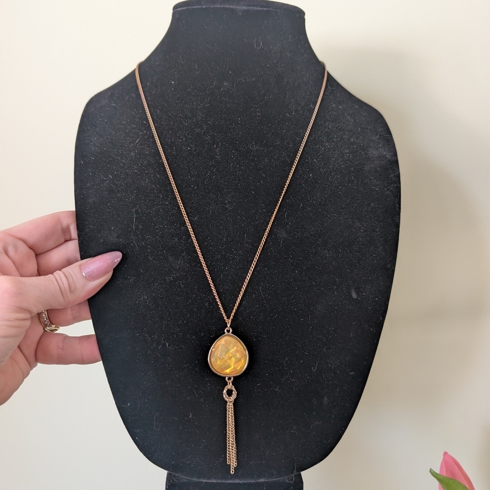 Goldtone Pendant Necklace With Tassel And Yellow Stone